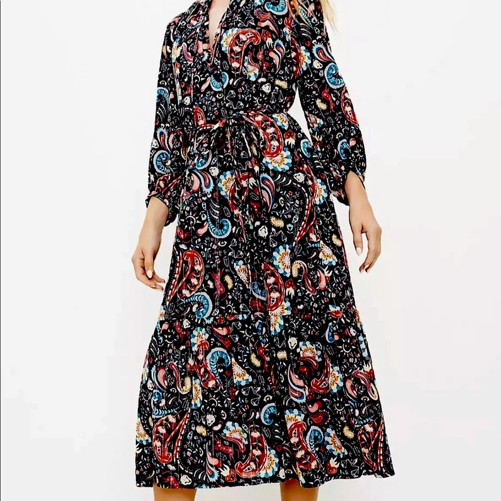 Loft Shimmer Paisley Tie Neck Midi Dress in size Xs